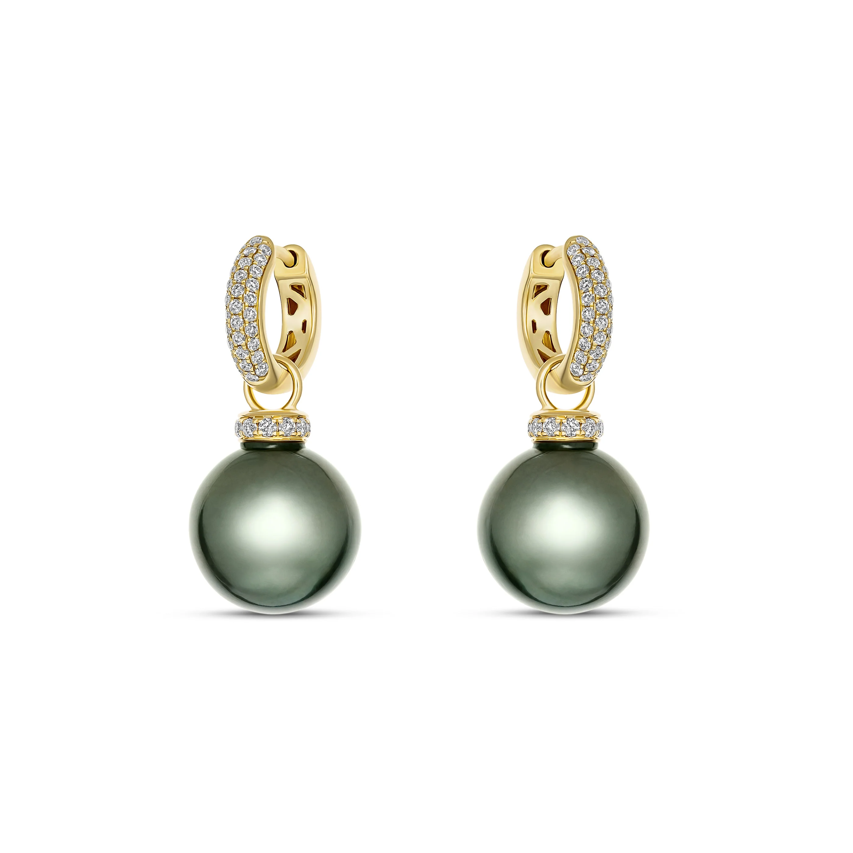 Artisan Black Tahitian Pearl and Diamond Drop Earrings | 18K Yellow Gold - Image 2