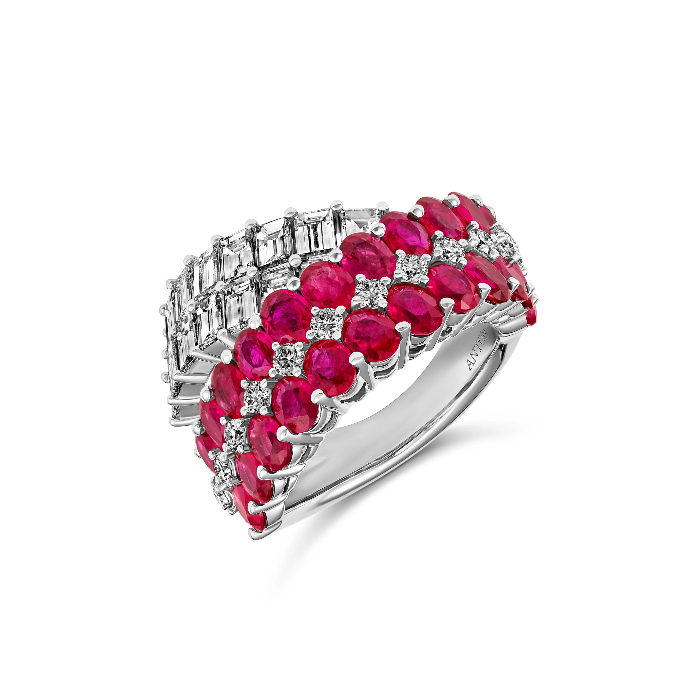 Artisan Diamond and Ruby Crossover Ring | 18K White Gold - Image 5