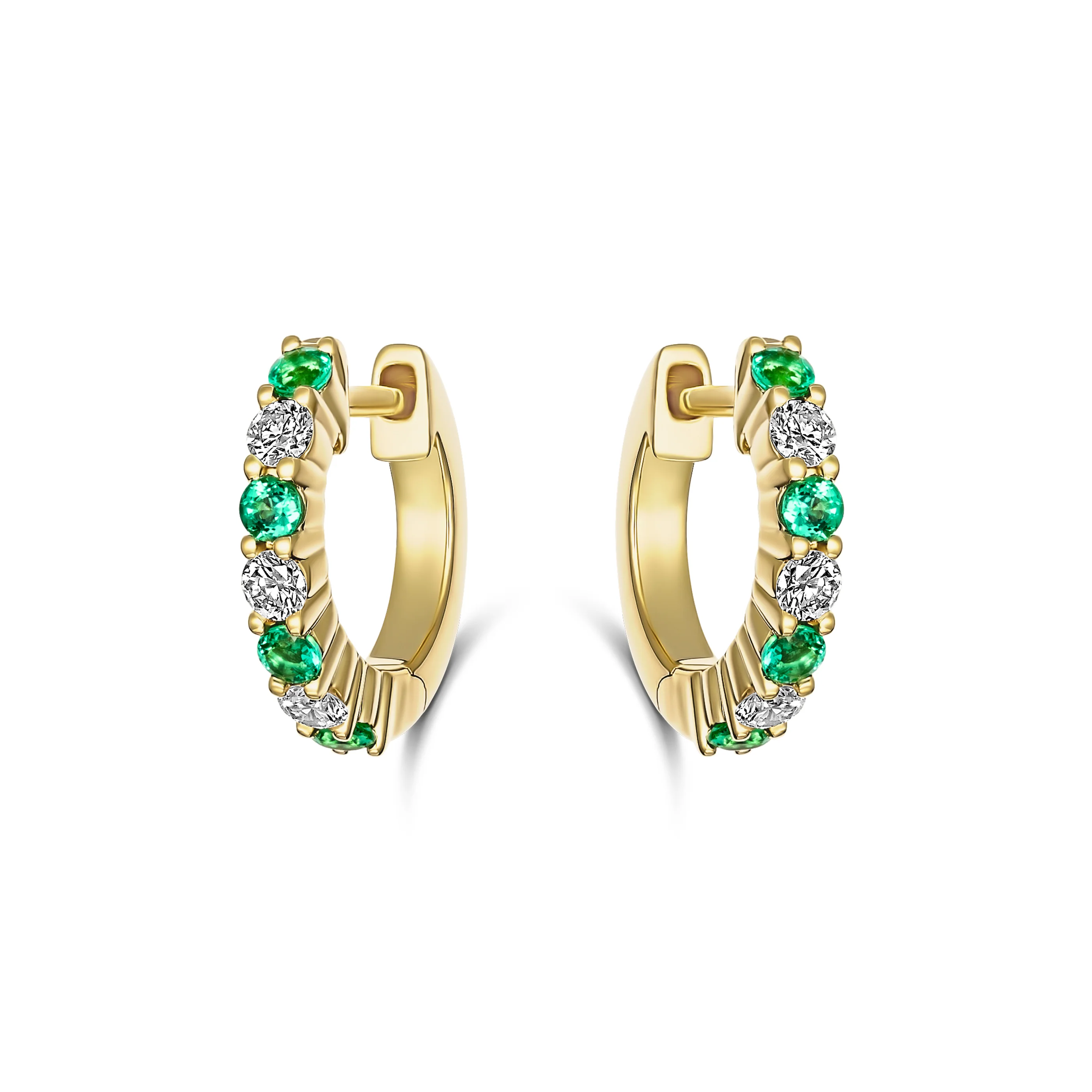 Classic Emerald and Diamond Small Huggies | 18K Yellow Gold - Image 2