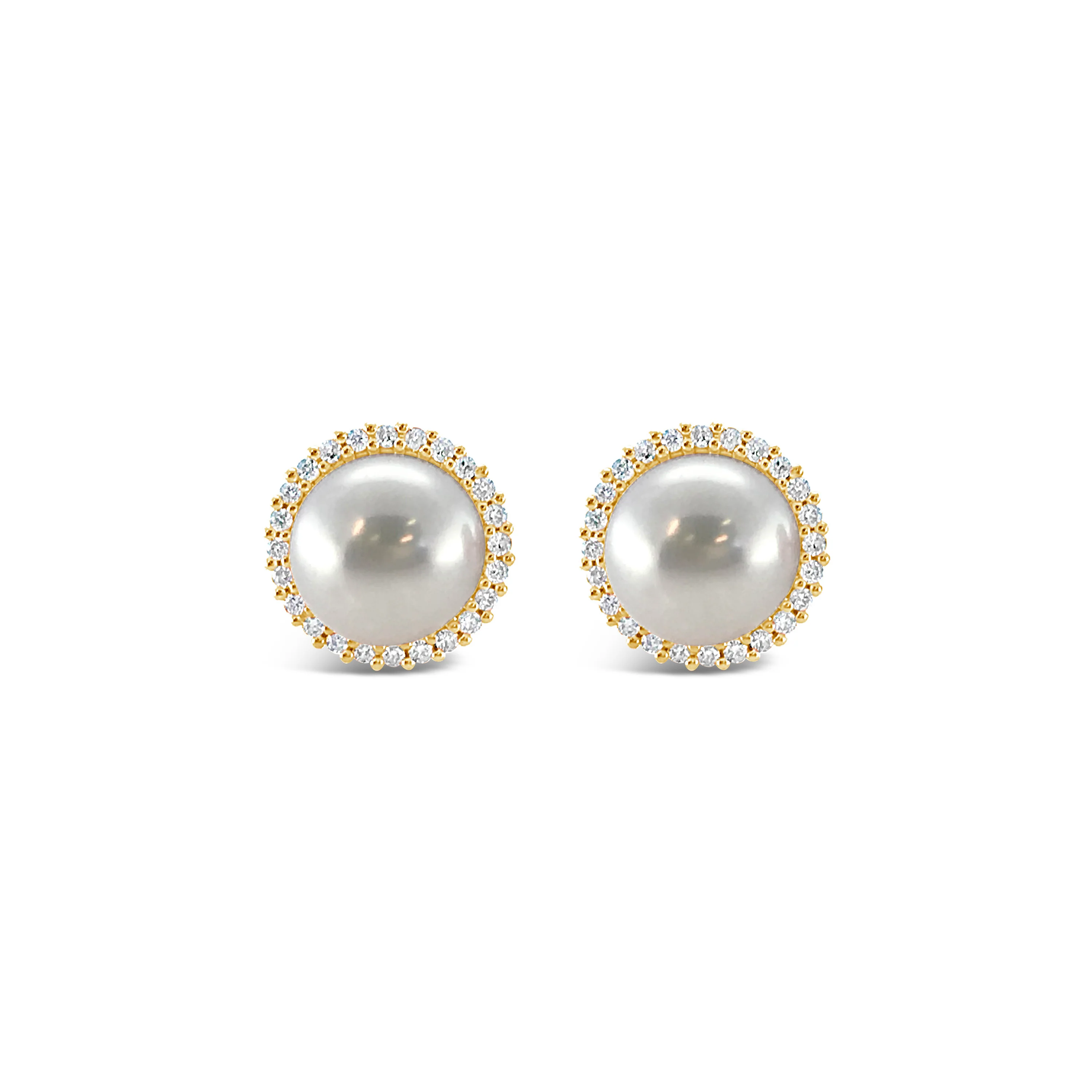 Cultured Pearl Studs with Diamond Halo | 18K Yellow Gold - Image 2