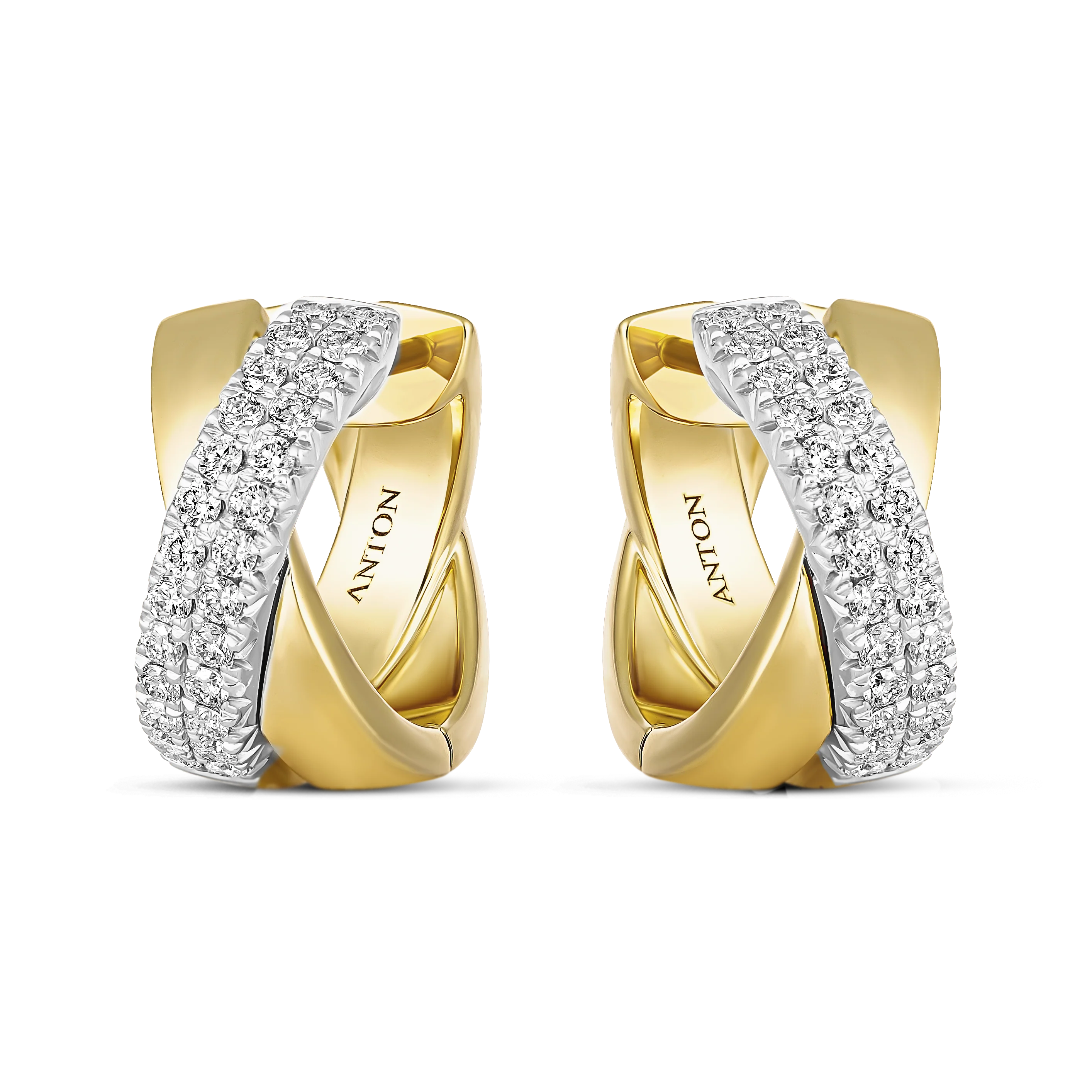 Krisscut Eclipse Crossover Two Tone Diamond Hoops | 18K Yellow Gold + White Gold - Image 2