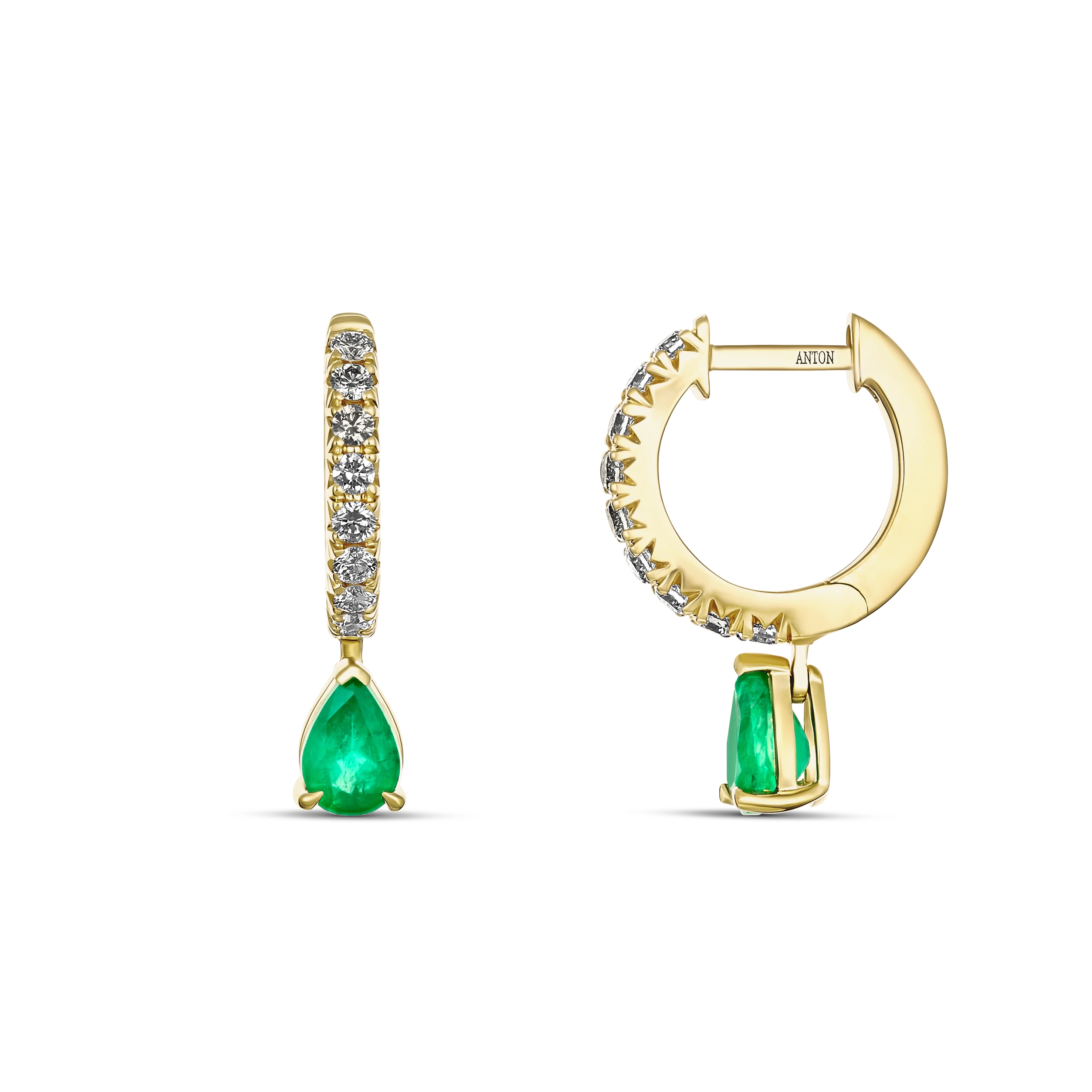 Krisscut Emerald and Diamond Mini Pear Drop Huggies | 18k Yellow Gold - Image 3