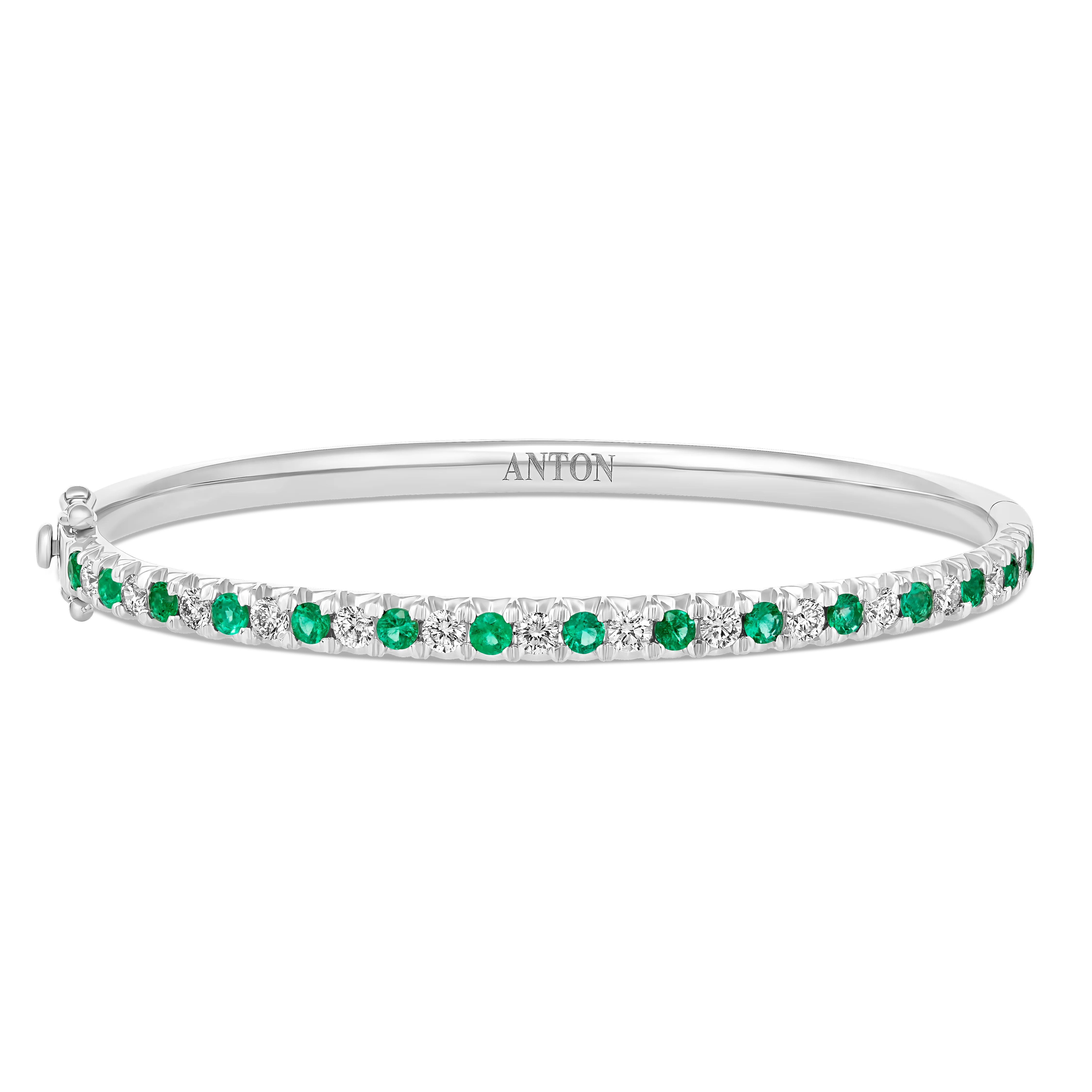 Krisscut Half Moon Emerald and Natural Diamond Bangle | 18k White Gold - Image 4