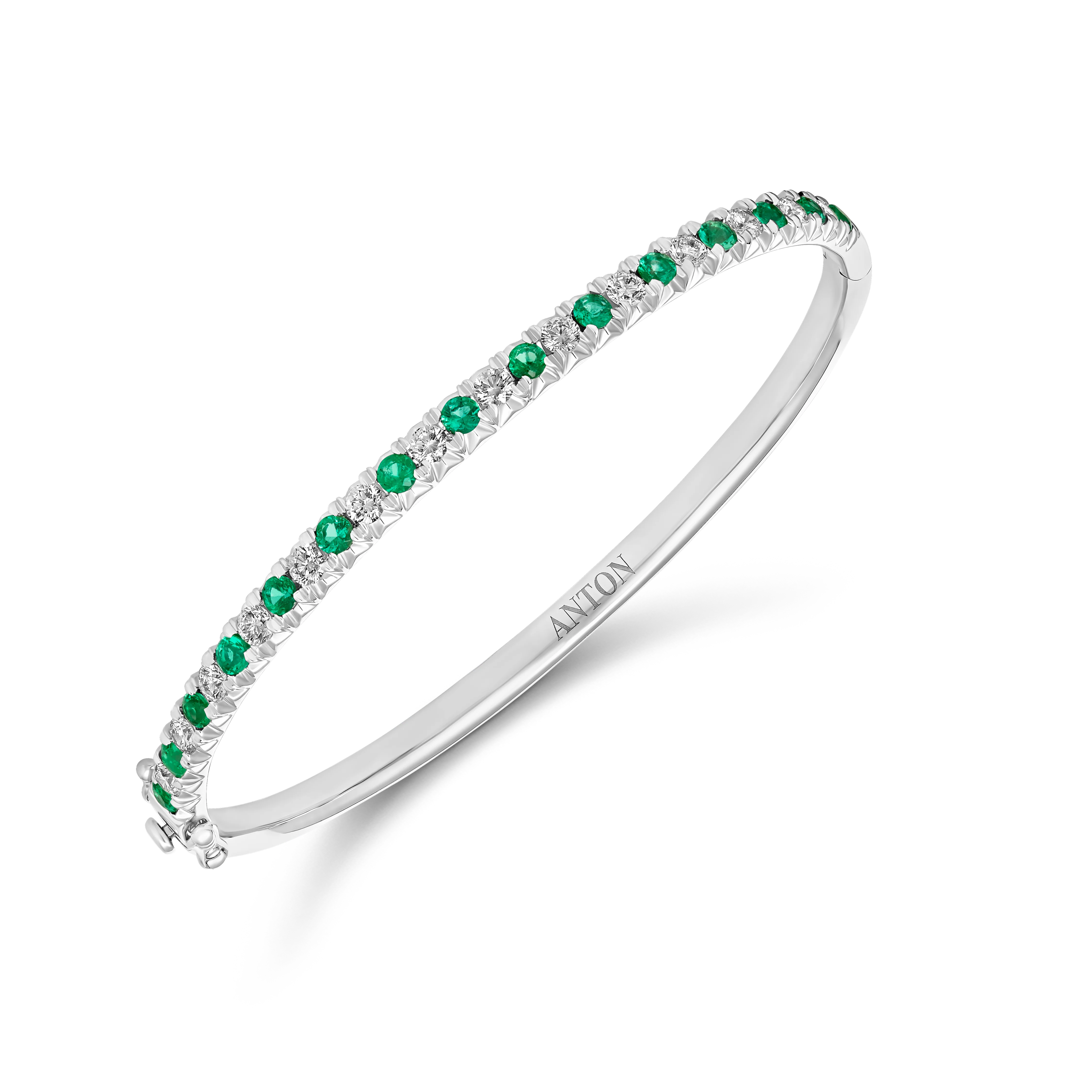Krisscut Half Moon Emerald and Natural Diamond Bangle | 18k White Gold - Image 5