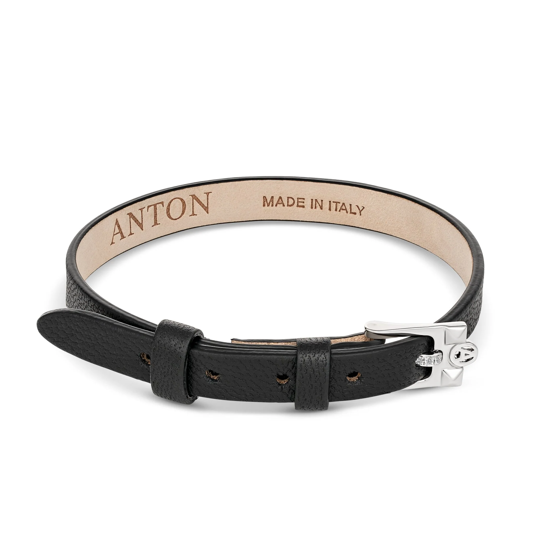 Leather Single Loop Bracelet with Diamond Buckle and Initials | White Gold - Image 9