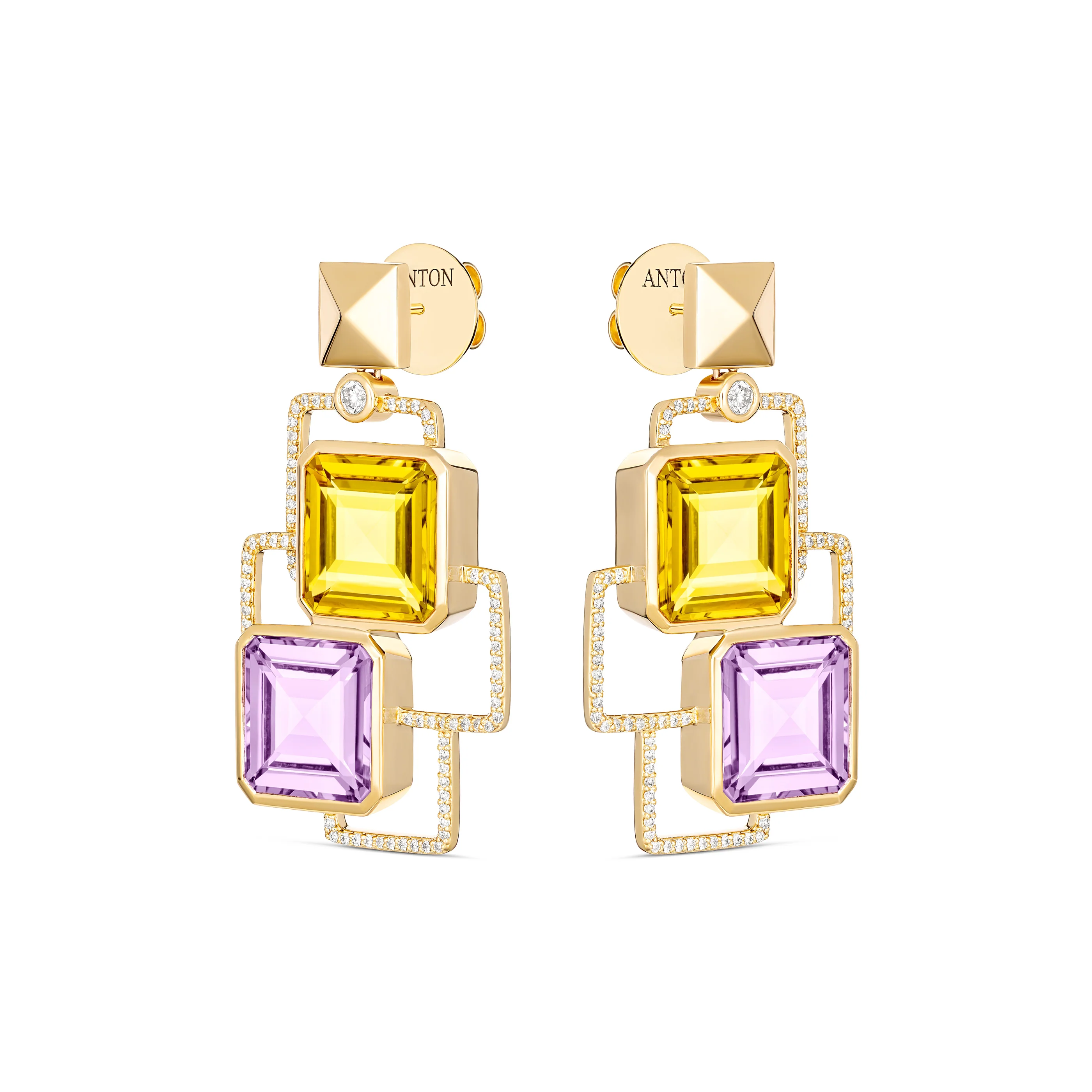 R.08® Geo Violet and Yellow Coloured Gemstone Earrings | 18K Yellow Gold - Image 3