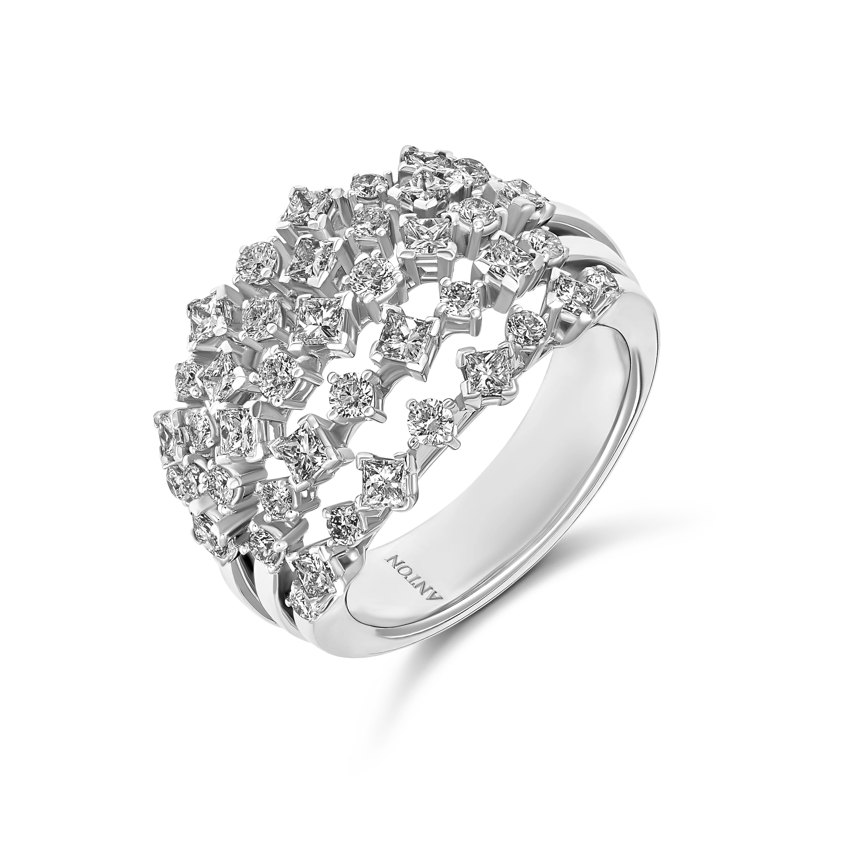 Riviera Princess And Brilliant Cut Diamond Multi-Row Ring | 18K White Gold - Image 2