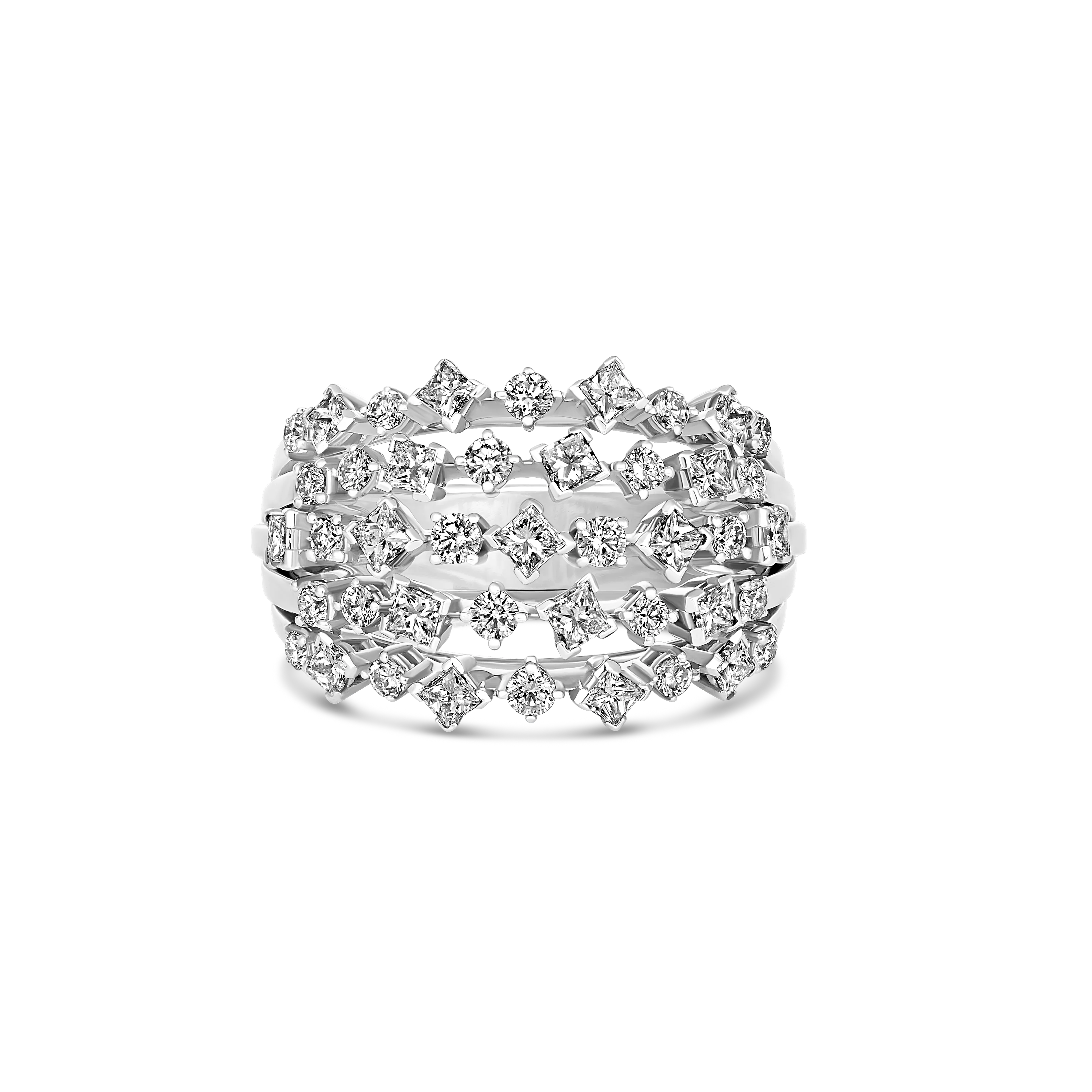 Riviera Princess And Brilliant Cut Diamond Multi-Row Ring | 18K White Gold - Image 4